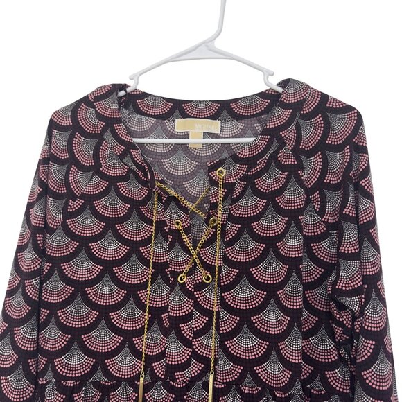 Michael Kors Womens Gold Chain Lace Up Collar Blouse SZ L Stretct Marron & Pink - Picture 8 of 11
